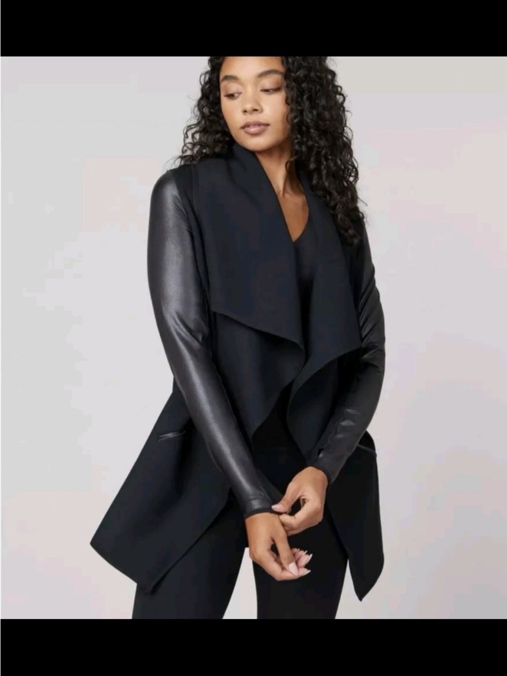 SPANX Black Draped Open-Front Jacket with Faux Leather Sleeves